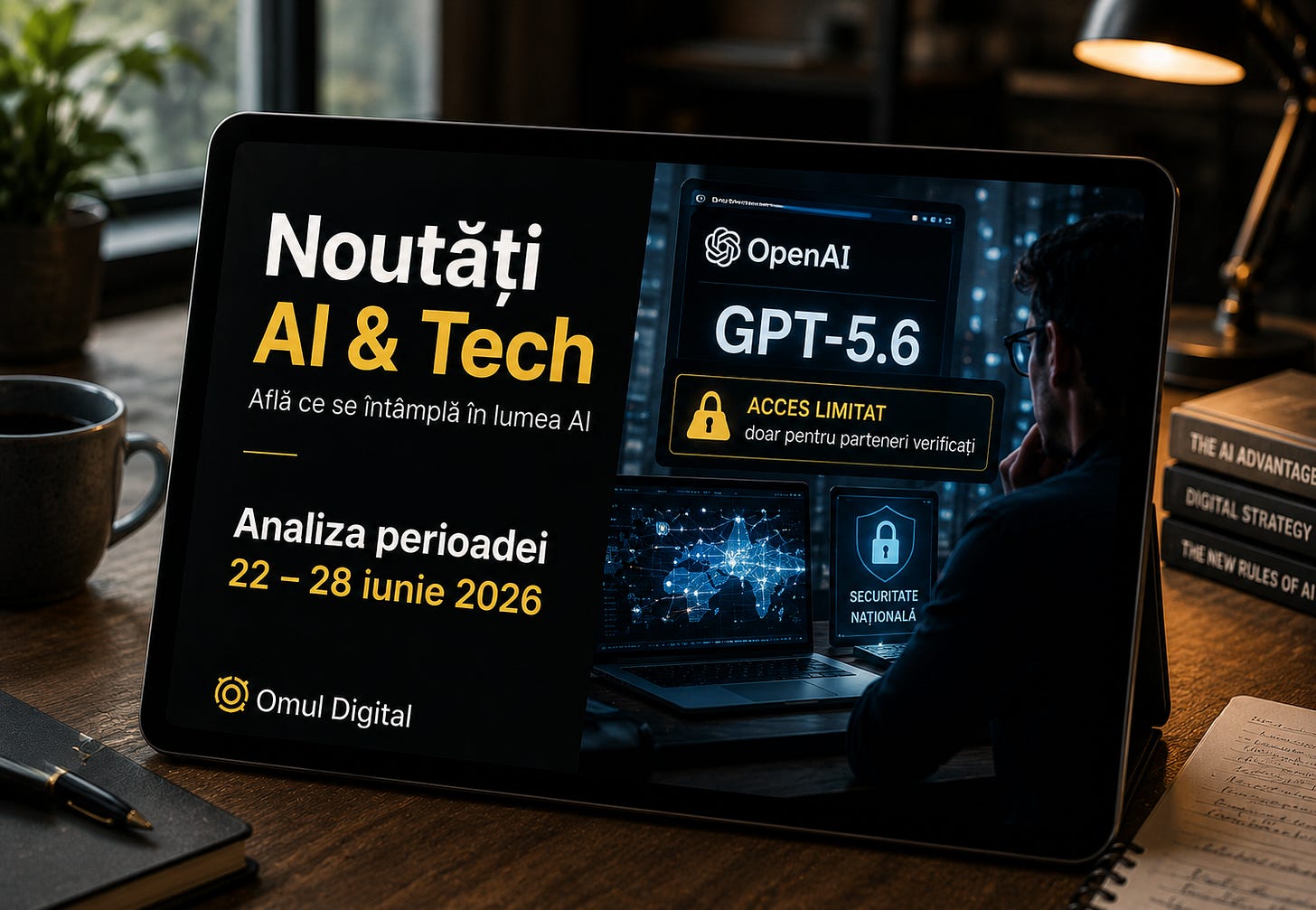 Tabletă cu un cover Omul Digital pentru Noutăți AI & Tech, ilustrând GPT-5.6 cu acces limitat, ca simbol al modelelor AI avansate devenite resursă strategică în perioada 22–28 iunie 2026.