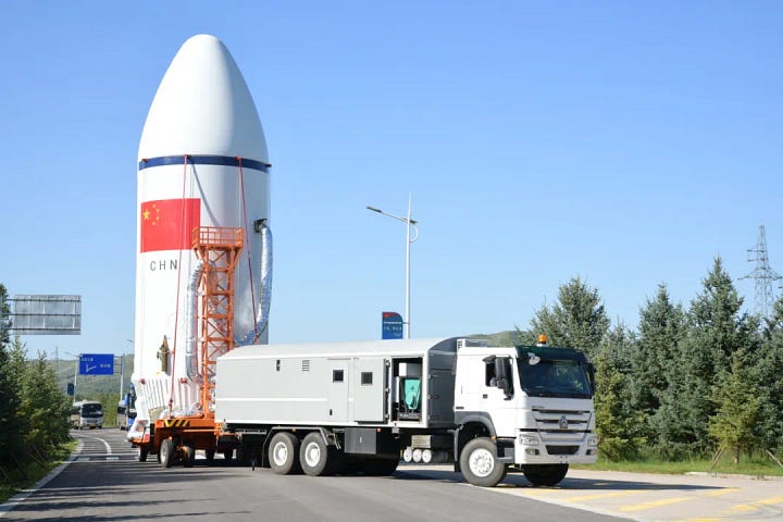 The Long March 6A Y18 vehicle's fairing being transported to Launch Complex 9A ahead of its mission.