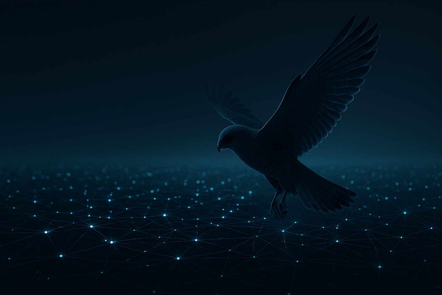 An illustrated kestrel in mid-flight over a dark field of glowing data points, representing a bird’s-eye view of hidden surveillance networks. An illustrated kestrel in mid-flight over a dark field of glowing data points, representing a bird’s-eye view of hidden surveillance networks.
