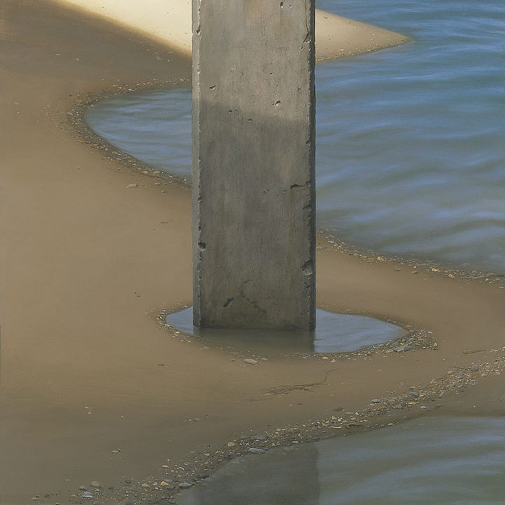 LEFT: Detail from EYE featuring the top of a smooth stone piling. A circle of rusted iron provides a view through to the coast and horizon, but the peephole is bisected by a diagonal line, not a crosshair for aiming but suggestive of a "no" symbol. RIGHT: Detail from EYE featuring the base of a concrete piling. Water pools over the smooth sand with pebbles settling on the perimeter. The tide has left similar markings at the water's edge.