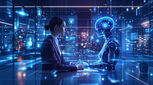 Autonomous AI agents working alongside executives in modern corporate environment