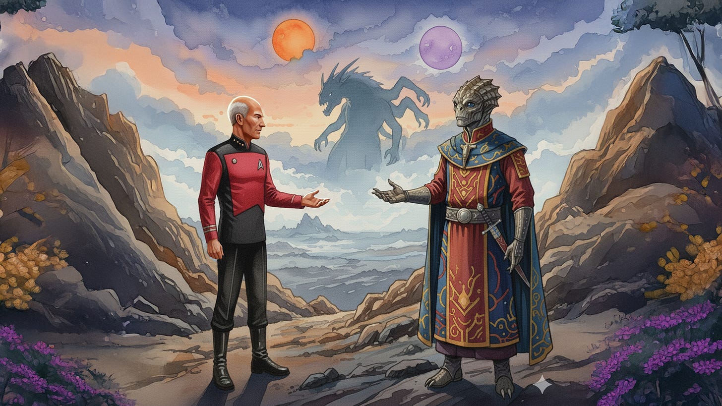 Captain Jean-Luc Picard and the alien Dathon stand on a rocky landscape beneath two suns, facing each other with open hands. A shadowy beast looms in the mist behind them. The scene is painted in a watercolor-oil style“Darmok” scene with Picard and Alien where the phrase “Sokath, his eyes opened” symbolizes understanding. Captain Jean-Luc Picard and the alien Dathon stand on a rocky landscape beneath two suns, facing each other with open hands. A shadowy beast looms in the mist behind them. The scene is painted in a watercolor-oil style“Darmok” scene with Picard and Alien where the phrase “Sokath, his eyes opened” symbolizes understanding.