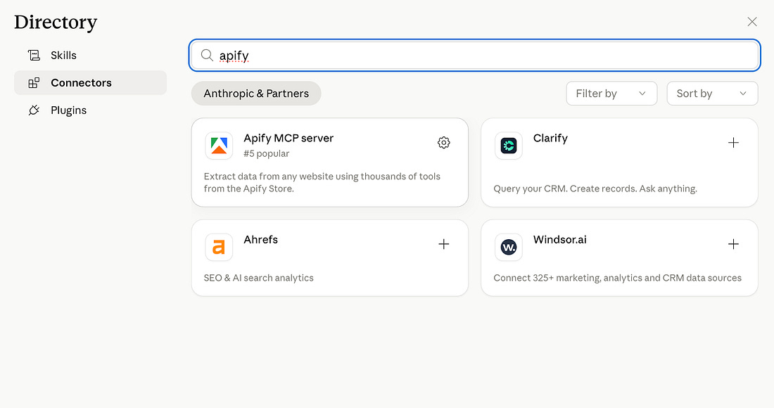 Apify connector listing in the Claude Cowork connector marketplace with an Install button