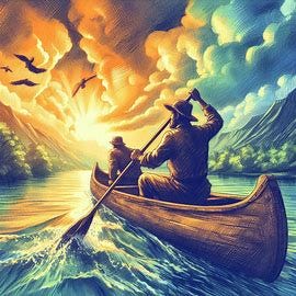 Two guys paddling a canoe into the horizon