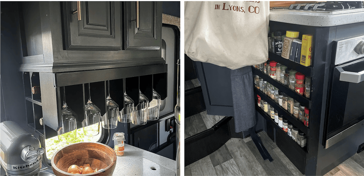 Storage space in the kitchen of an RV. Storage space in the kitchen of an RV.