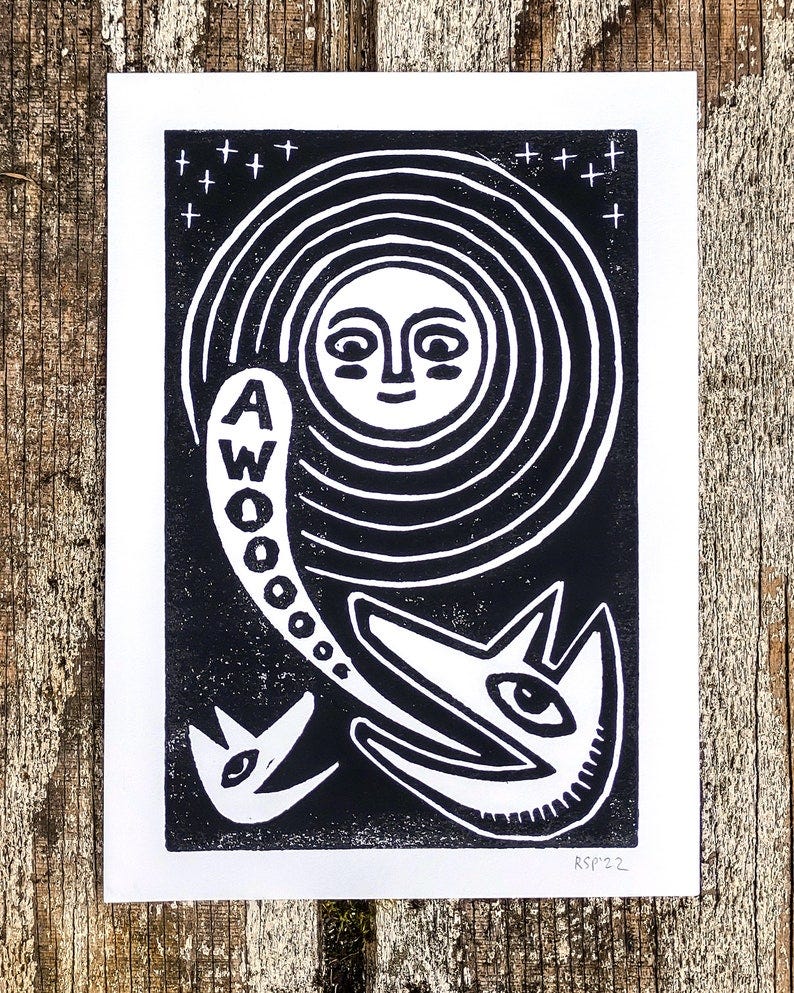 Linocut art  Howling at the Moon   original handmade image 1