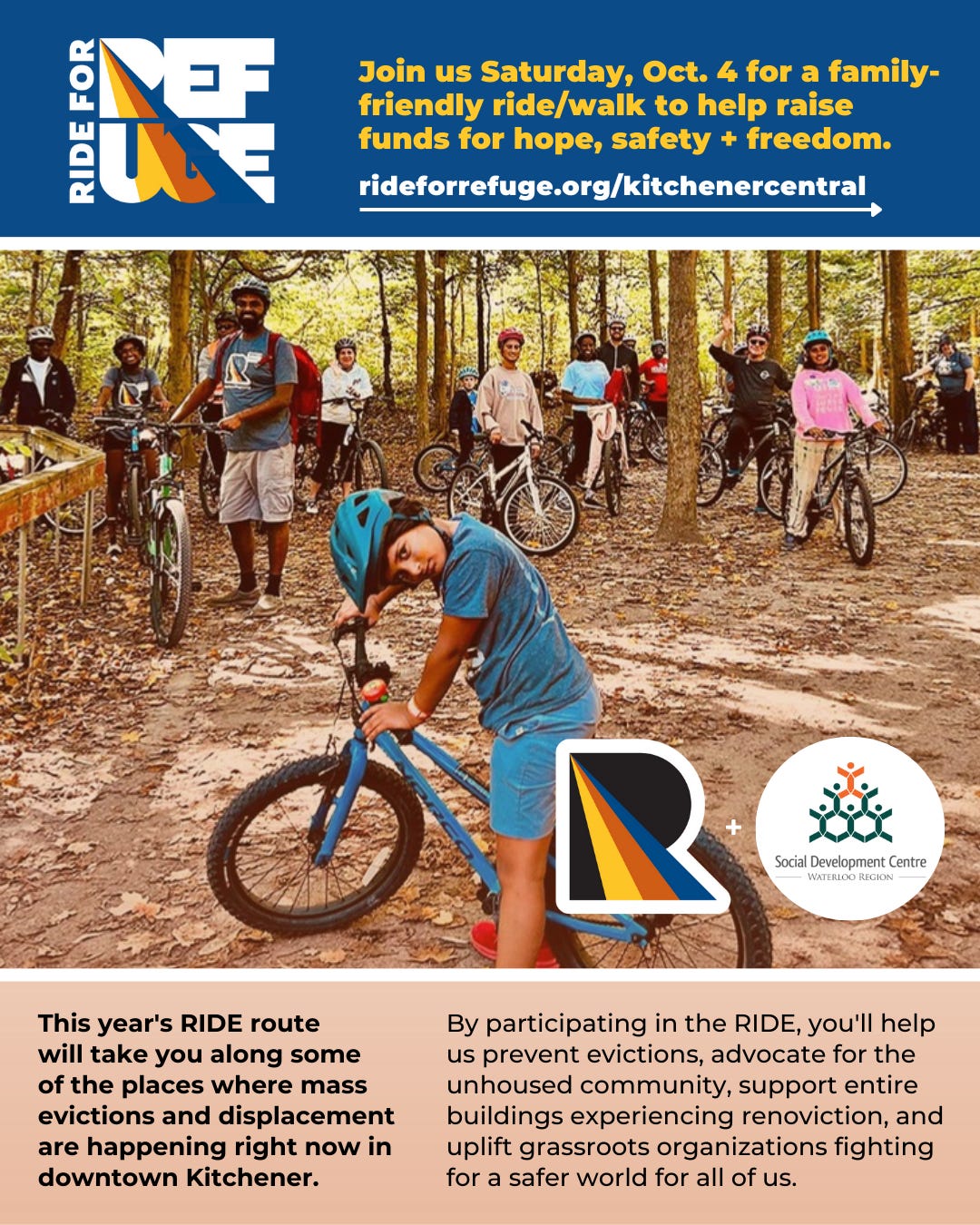 Ride for Refuge poster showing several cyclists gathered in a wooded area.