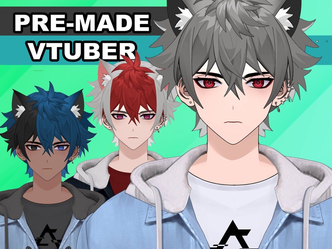 Premade Vtuber Color Customizable, 12 toggle switches, 7 cute emotes Full body/ Fully Rigged: Live2D Male Avatar with cat ears image 1
