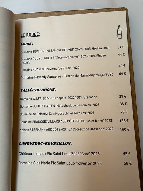 Wine list at Argile restaurant, Paris