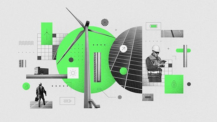 This may contain: an image of a man standing next to a wind turbine with green and black shapes around it