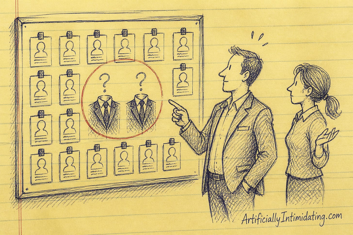 A confident man in a blazer points at a wall of name badges while two badges hold only empty suits with question marks; a woman beside him shrugs. A confident man in a blazer points at a wall of name badges while two badges hold only empty suits with question marks; a woman beside him shrugs.