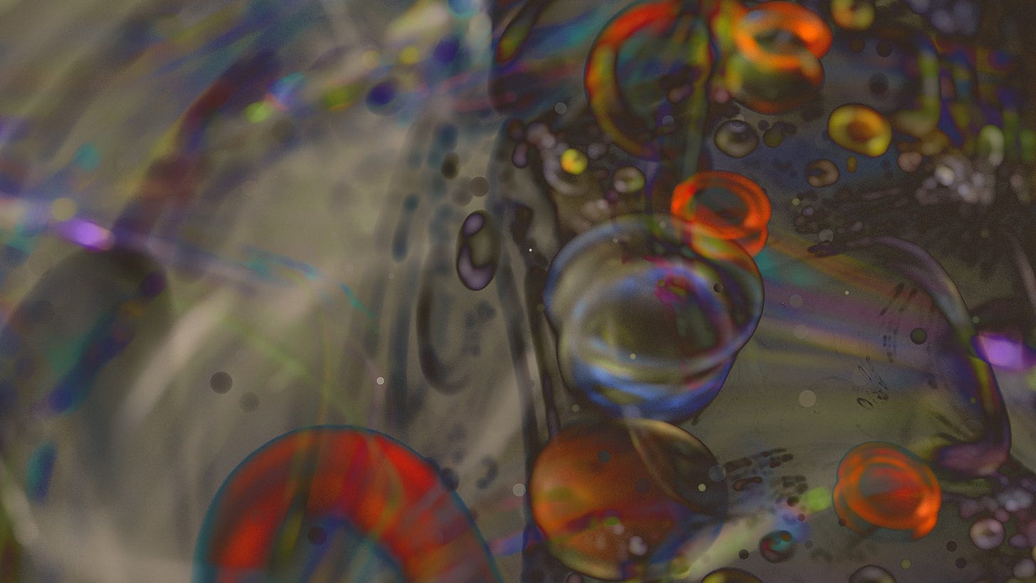 Gray and green background with multiple circular shapes varying in dimension and bright, luminous colours. All shapes have soft, fluid lines appearing like the texture of water: gentle, organic, porous and blended. In between the circles are stripes and dots in different states of translucence. Overall it appears like the left side of the image is less busy with circles, stripes and dots which makes it a bit more spacious and lighter. The right side is busy and the background moves into a dark green. Gray and green background with multiple circular shapes varying in dimension and bright, luminous colours. All shapes have soft, fluid lines appearing like the texture of water: gentle, organic, porous and blended. In between the circles are stripes and dots in different states of translucence. Overall it appears like the left side of the image is less busy with circles, stripes and dots which makes it a bit more spacious and lighter. The right side is busy and the background moves into a dark green.