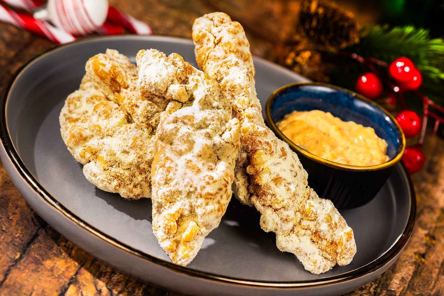 Snow Cheese Chicken Strips: Dusted with a sweet-and-savory white cheddar powder served with a side of kimchi aïoli