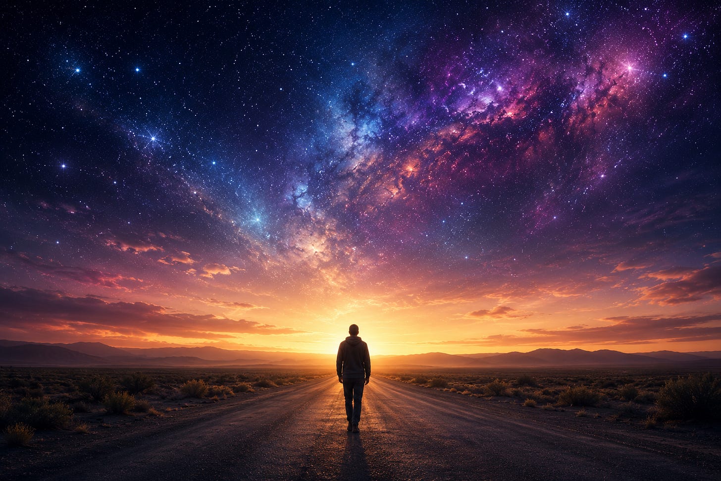 A solitary figure walking slowly along a quiet open road or desert path at dawn. A solitary figure walking slowly along a quiet open road or desert path at dawn.