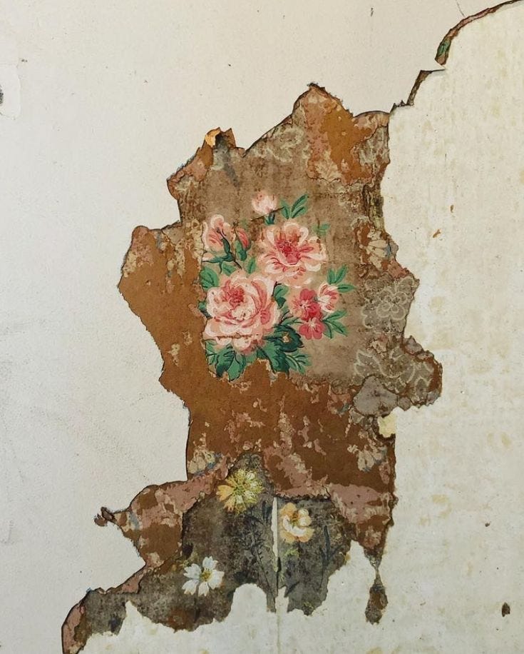 This may contain: peeling paint on the wall with flowers painted on it's side and torn in half