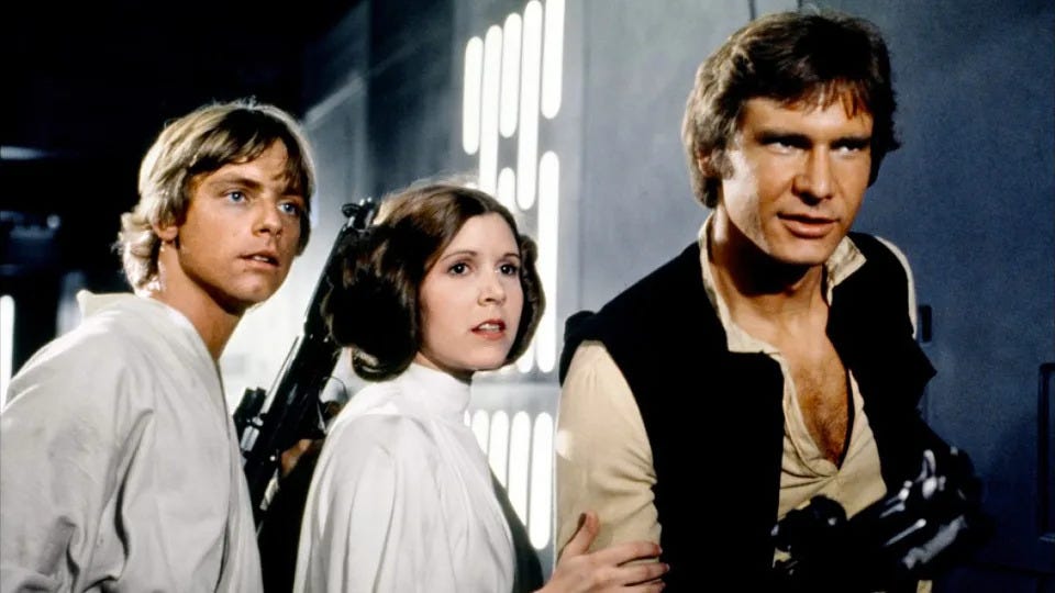 Mark Hamill, Carrie Fisher and Harrison Ford in 'Star Wars: A New Hope' (credit: Disney) Mark Hamill, Carrie Fisher and Harrison Ford in 'Star Wars: A New Hope' (credit: Disney)