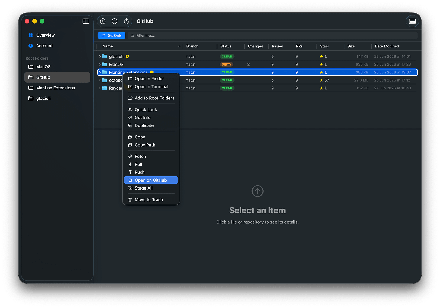 The repo context menu, with Open on GitHub