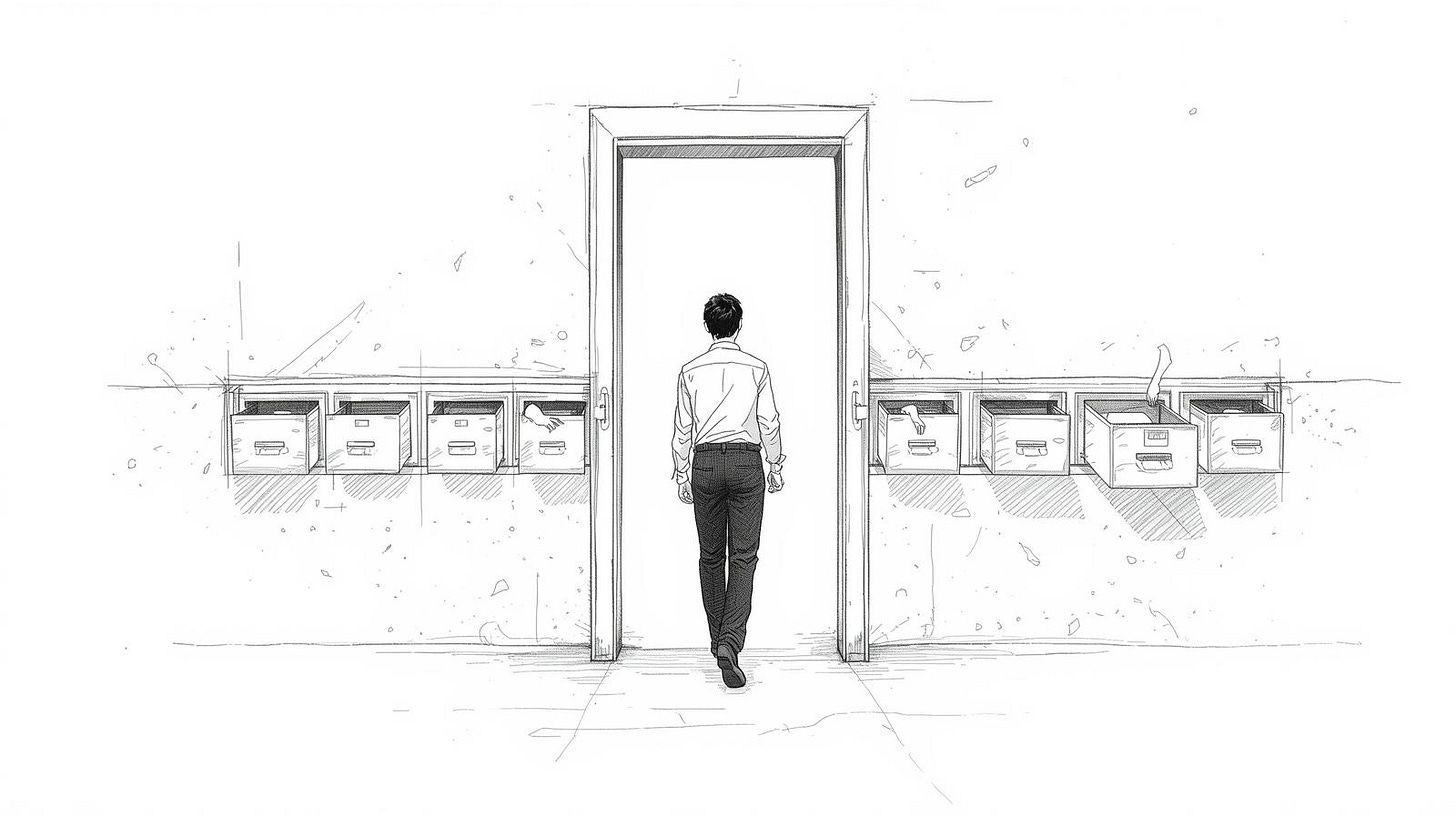 Person walking through gate that silently collects fragments of them as they pass