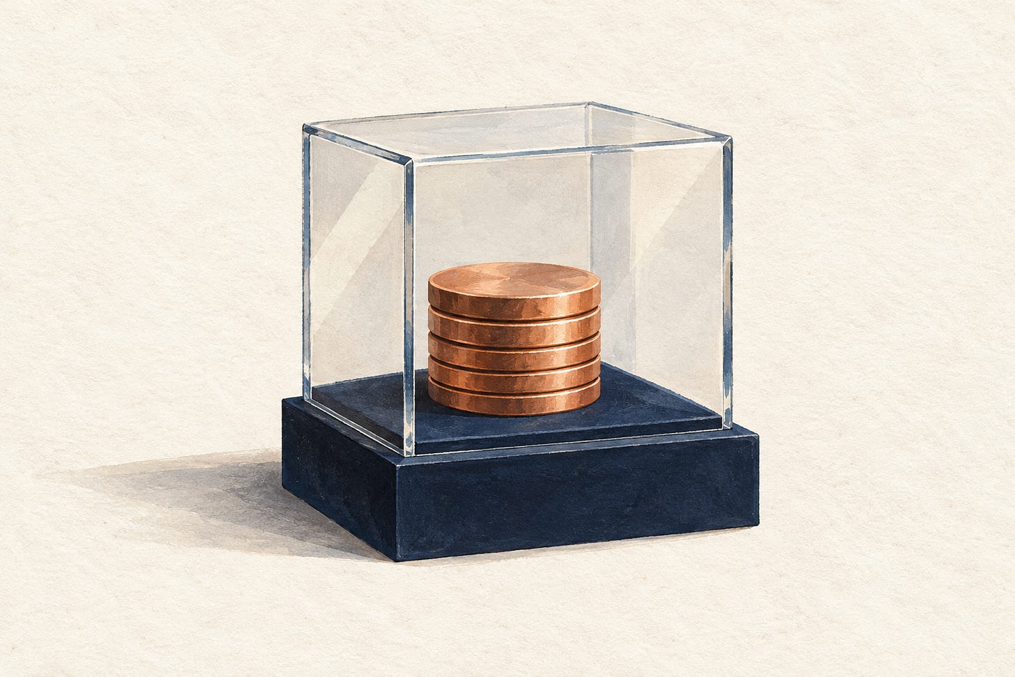 Plain copper discs sit inside a transparent closed box on a navy pedestal. Plain copper discs sit inside a transparent closed box on a navy pedestal.