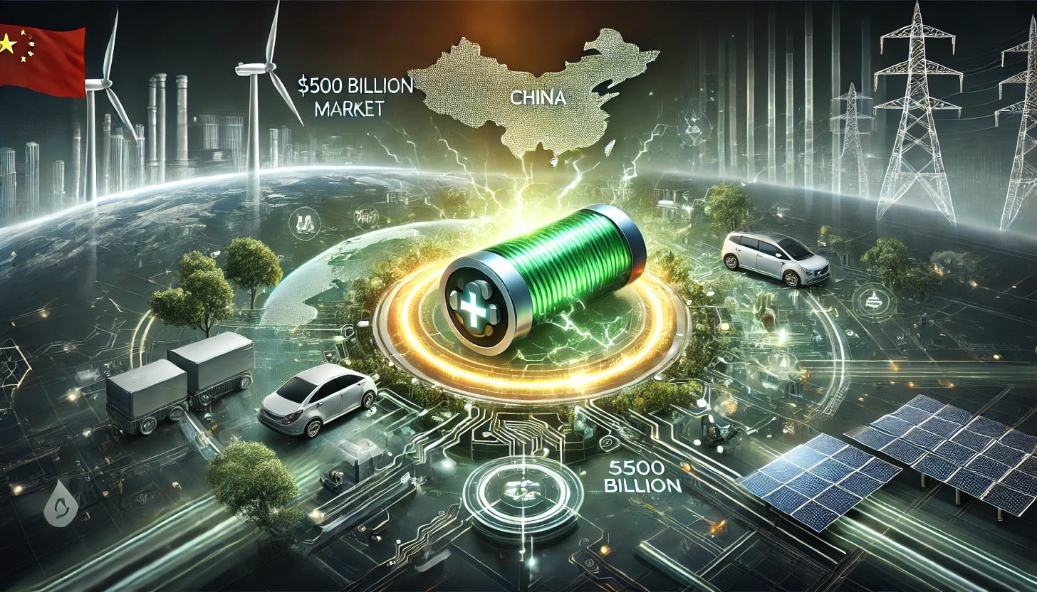 A dynamic and futuristic conceptual illustration representing China's breakthrough in waste oil supercapacitor technology. The image highlights a glowing supercapacitor, symbolizing energy storage, surrounded by green and metallic tones. It is integrated with icons of electric vehicles (EVs) and large energy grids, symbolizing applications in EVs and renewable energy storage. A subtle map of China is incorporated in the background, showcasing the innovation’s origin. The design conveys the potential of a $500 billion market, with lightning effects and modern, clean lines representing power and sustainability.