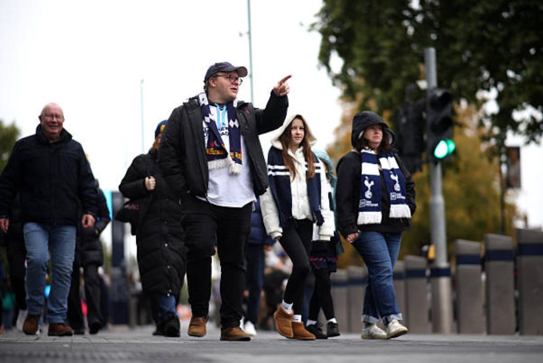 LONDON, ENGLAND - OCTOBER 24: Fans of Tottenham Hotspur are seen walking outside the stadium before the Barclays Women's Super League 2026/27 match between Tottenham Hotspur and Arsenal FC at Tottenham Hotspur Stadium on October 24, 2026 in London, England. (Photo by Paul Harding/Getty Images)