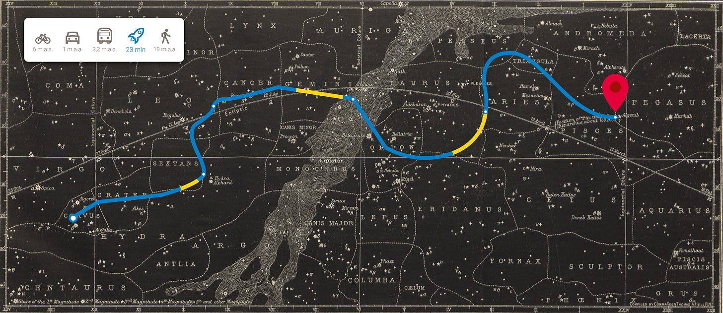 Google Maps do espaço sideral, indicando um trajeto que cruza a galáxia e o tempo para concluí-lo, de acordo com cada modalidade de transporte.