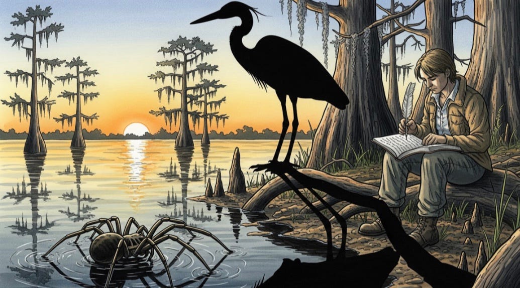 Sunset image of Great Heron and its shadow on the bayou over a hiding Scuba Spider.