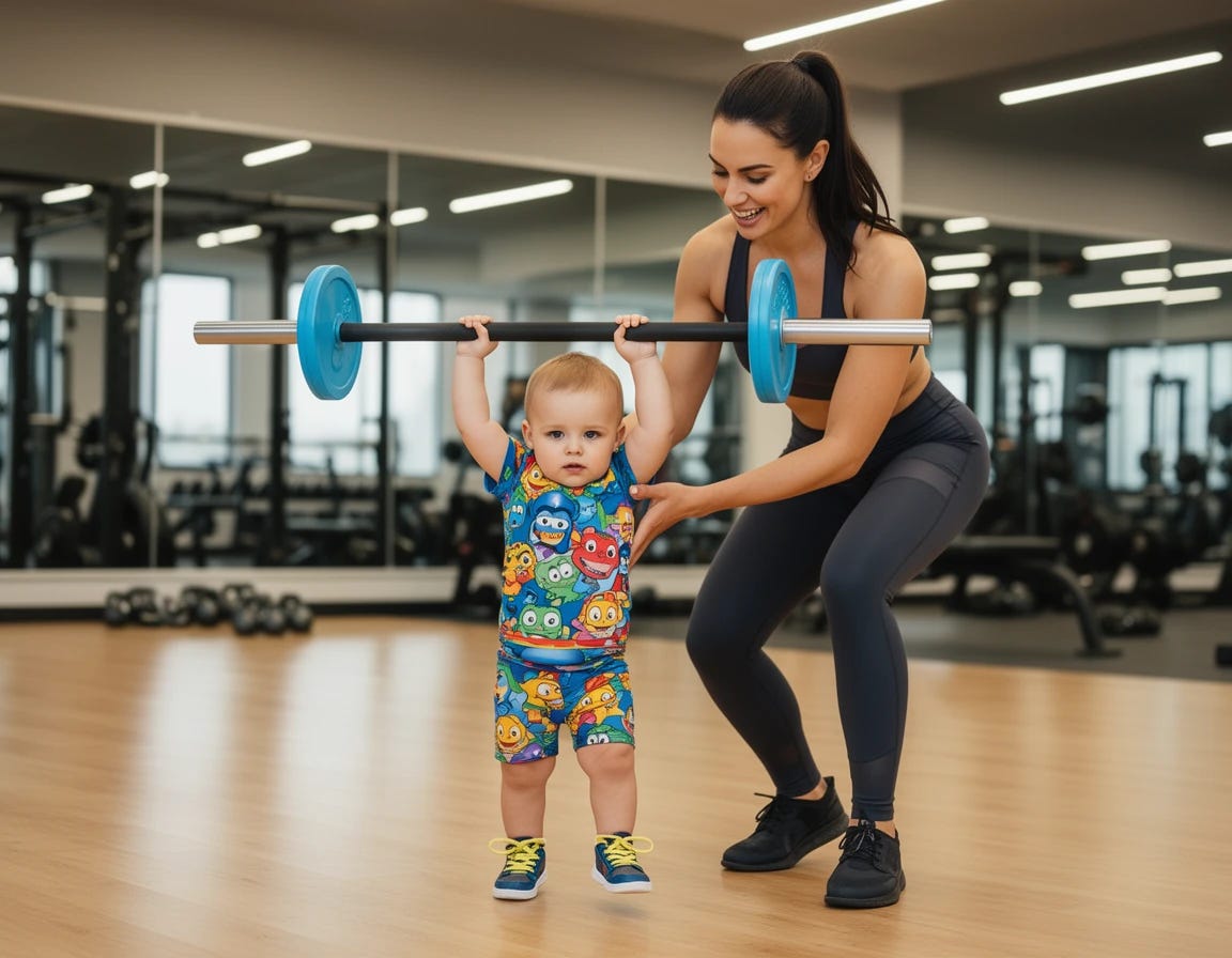 2 year old toddler doing crossfit with his mom with barbell over his head