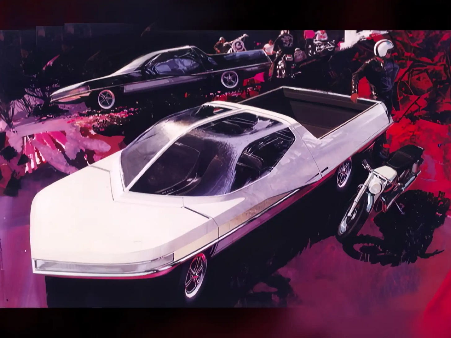 A futuristic El Camino with pointed nose and divided windshield that extends over the cab all the way to the bed. In the foreground next to it is a white motorcycle with black seat. The rider, wearing a white helmet and black leather jacket, rests his hands on the tailgate. In the background raised above them is a sleek black El Camino with a motorcycle still standing in the truck bed. Several bikers on the rides congregate behind. The ground is a vibrant mix of purple and red. A futuristic El Camino with pointed nose and divided windshield that extends over the cab all the way to the bed. In the foreground next to it is a white motorcycle with black seat. The rider, wearing a white helmet and black leather jacket, rests his hands on the tailgate. In the background raised above them is a sleek black El Camino with a motorcycle still standing in the truck bed. Several bikers on the rides congregate behind. The ground is a vibrant mix of purple and red.
