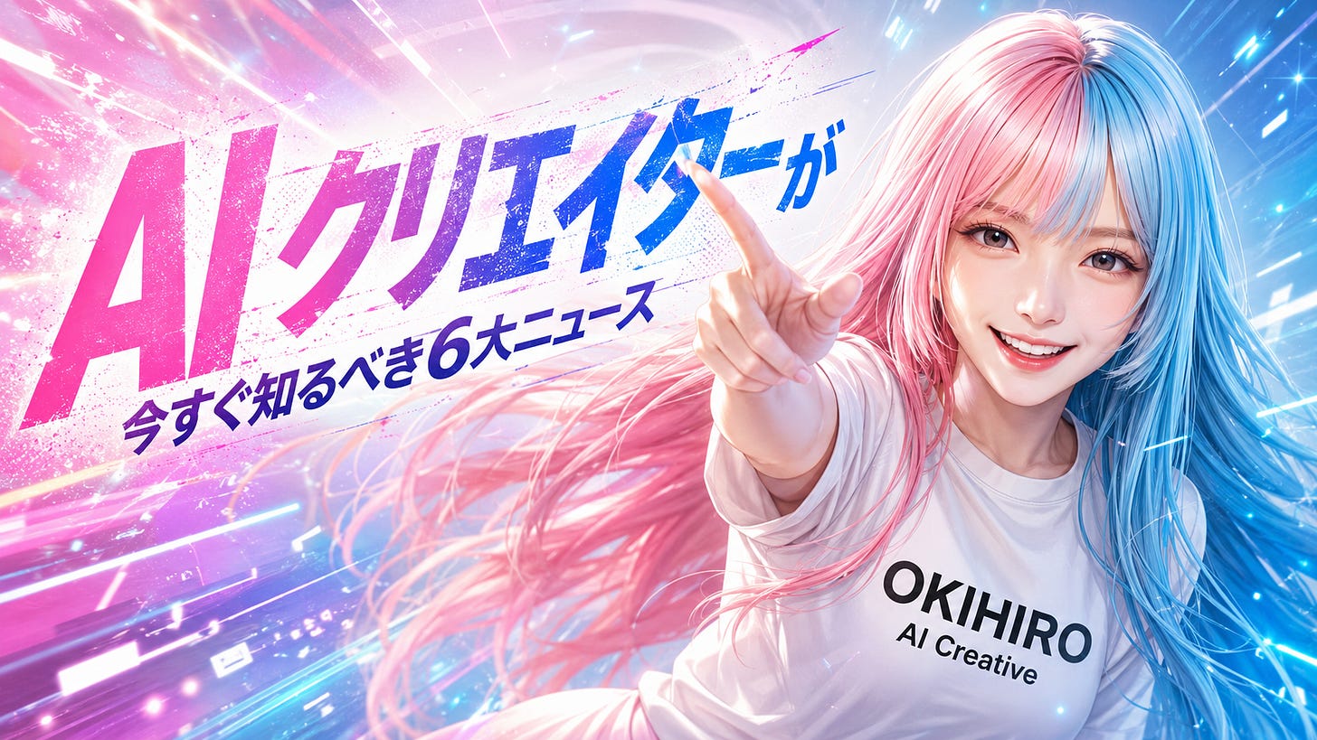 ピンクとブルーの髪のAIクリエイターが、今すぐ知るべき6大ニュースを紹介するキービジュアル
