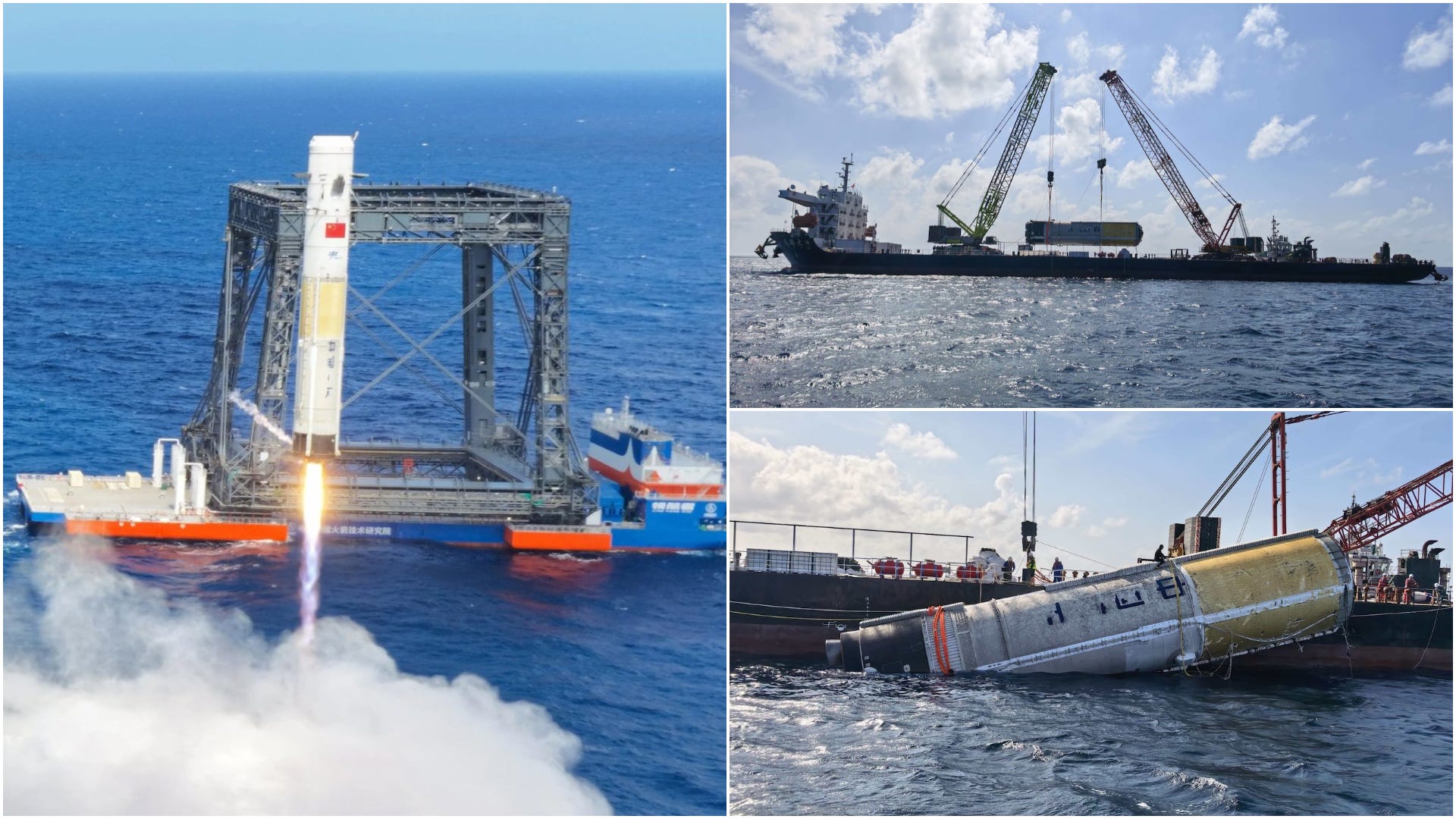 The Long March 10A test booster during a hover maneuver ahead of splashdown (left) and its remains being lifted onto a recovery ship (right).