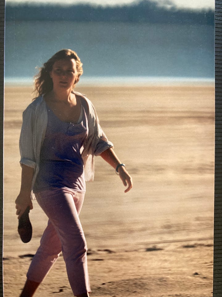 Four images of a young white woman. In one she is smiling, sitting in a garden. In another she is climbing on timber at a water's edge, another she's walking along a beach looking serious and the last she looks like she has a secret