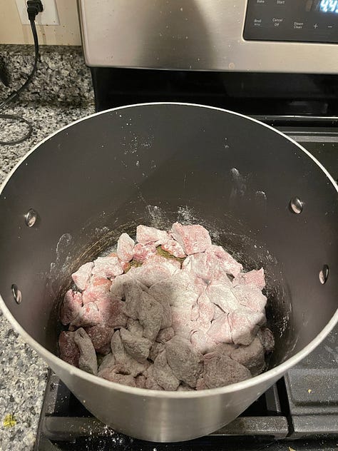 images of 1) the gathered ingredients, 2) the floured meat in a big pot, 3) the added mirepoix, 4) the added herbs and broth, 5) the added vegetables, 6) the completed bowl of stew in a blue ceramic bowl