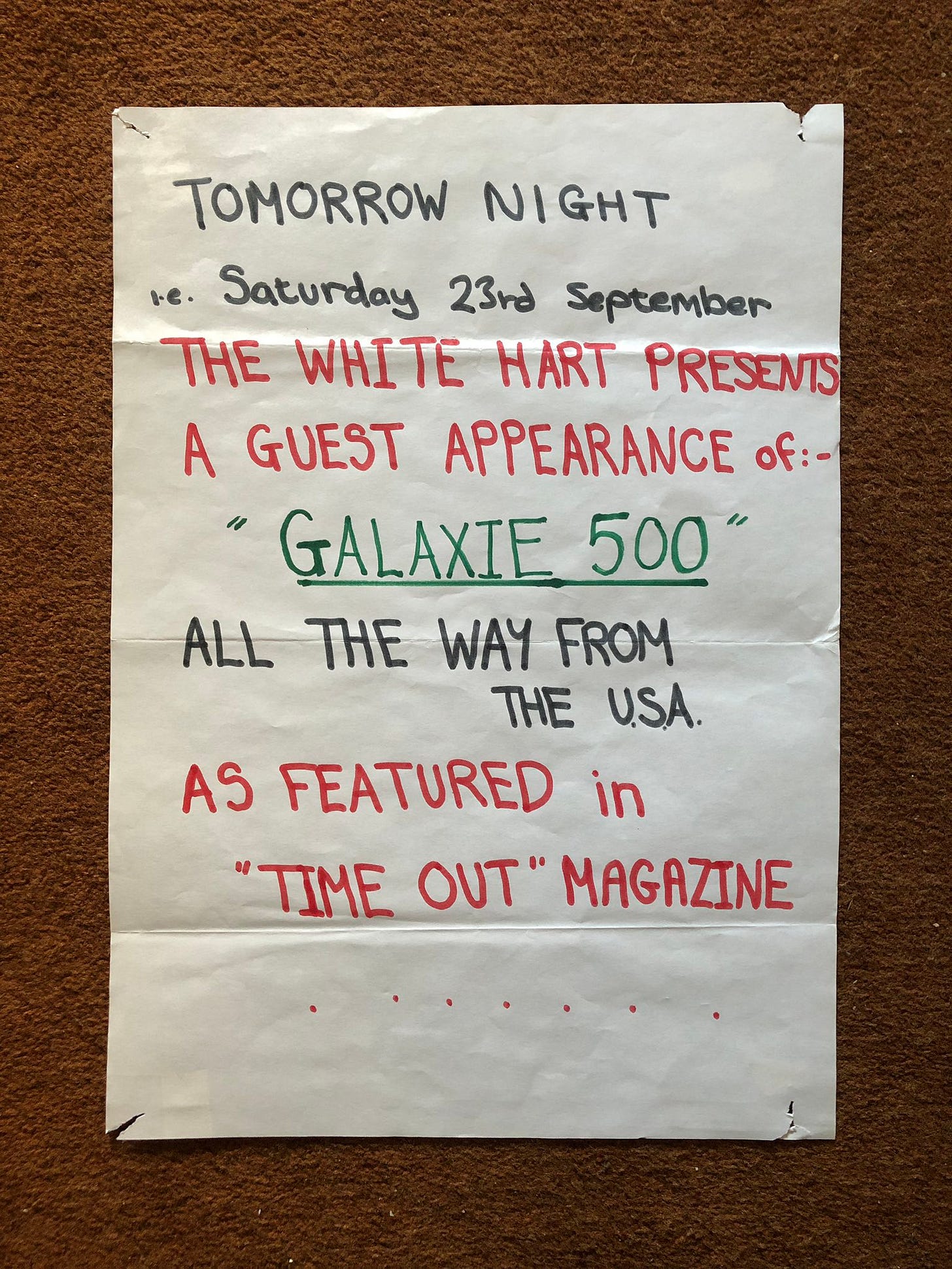 Window notice from Galaxie 500's first UK show (photo: Bob Stanley)