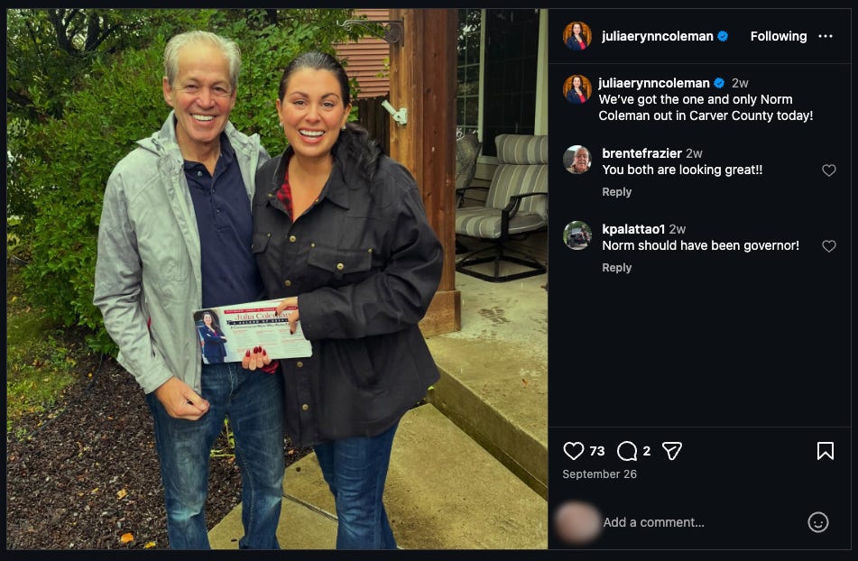 Instagram post by Minnesota state Senator Julia Coleman with her father-in-law, former US Senator Norm Coleman. Instagram post by Minnesota state Senator Julia Coleman with her father-in-law, former US Senator Norm Coleman.