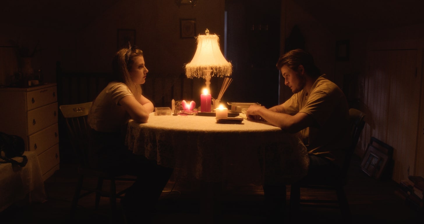 In a warm color still from the film The Lovers, a man and a woman stare at each other over candles, incense, a deck of tarot cards. In a warm color still from the film The Lovers, a man and a woman stare at each other over candles, incense, a deck of tarot cards.