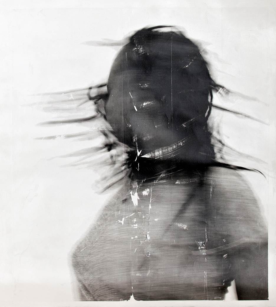 Copy of original artwork by Sandra Brewster showing a blurred portrait of a woman swinging her braids.