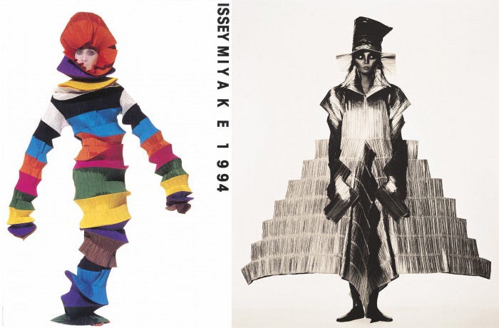 Clockwise from top left: Issey Miyake Spring/Summer 1995 (Flying Saucer collection), Autumn/Winter 1994, promotional image from 1994, and mid-1990s Pleats Please editorial featuring printed body scan imagery; bottom left shows a sculptural look from the Rhythm Pleats series. These works exemplify Miyake’s transformation of fabric into kinetic form, using pleating, geometry, and body-mapping to merge movement, technology, and design into a single visual language.