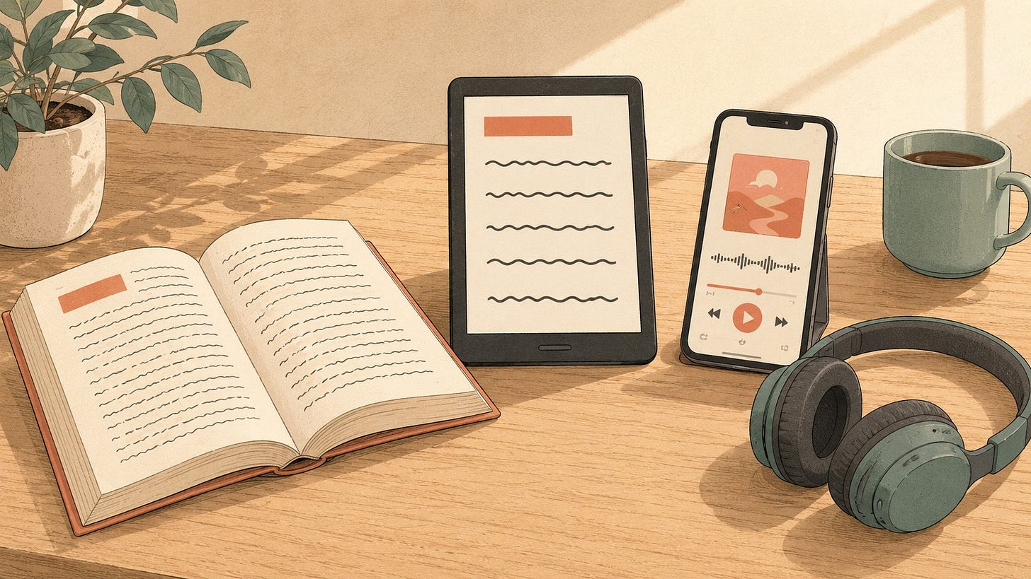 An open paperback, an upright e-reader, and a smartphone sit in a row on a sunlit wooden desk. The paperback is open to two pages of text. The e-reader shows a few lines of large, well-spaced text beneath a header bar. The smartphone displays an audiobook player with a cover thumbnail, a waveform, and a play button. A pair of headphones rests in front of the phone, with a teal mug and a leafy potted plant nearby.
