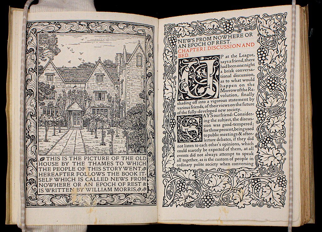 An illustrated set of pages from News from Nowhere, the topic of today's essay.