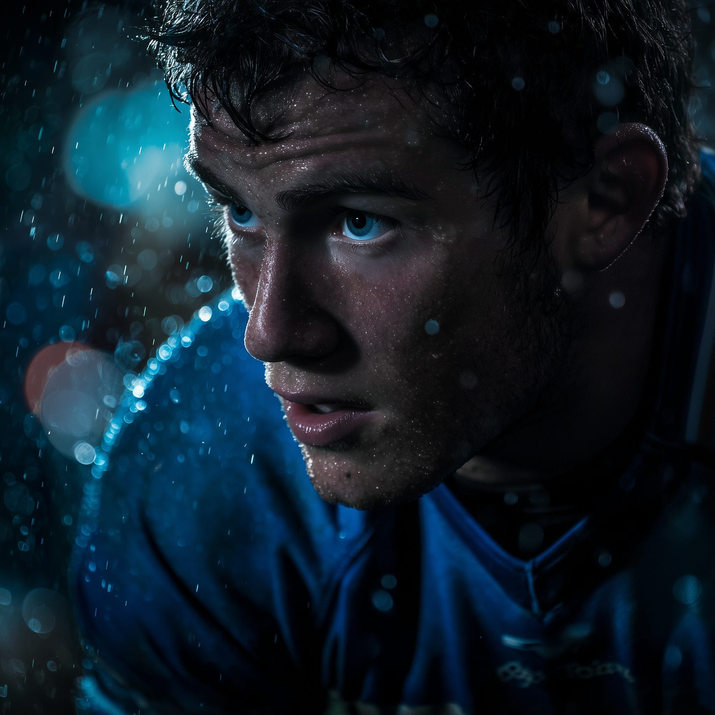 Male rugby player on the pitch in the rain wearing blue