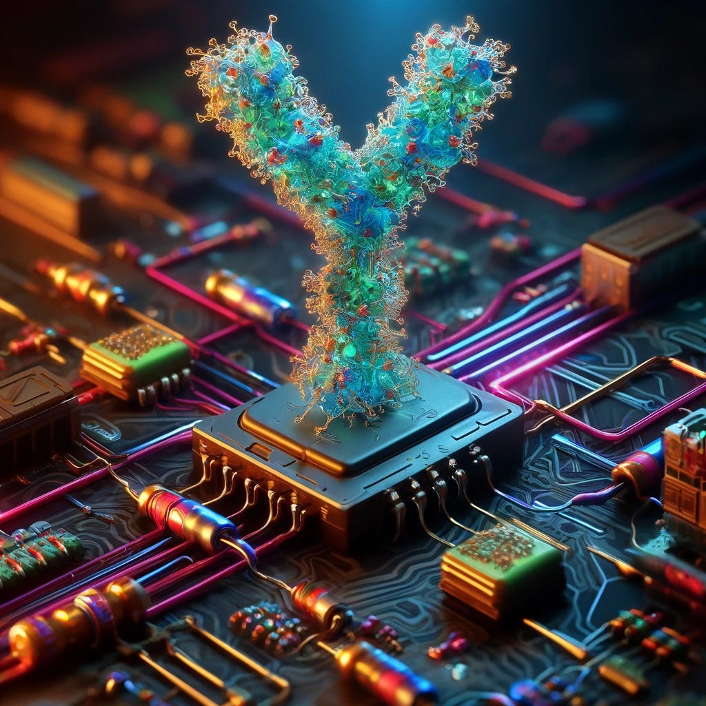 A highly detailed and scientifically accurate image of a three-dimensional antibody model, showcasing its characteristic Y-shaped structure with precise details of the heavy and light chains. The antibody is placed on a futuristic circuit board that features advanced, glowing microchips, resistors, and conductive tracks. The antibody model is rendered with realistic textures and vibrant neon colors, floating slightly above the board to emphasize its significance. The scene is set in a cyberpunk-themed environment with dynamic, colorful lighting to highlight the intersection of biotechnology and advanced electronics.