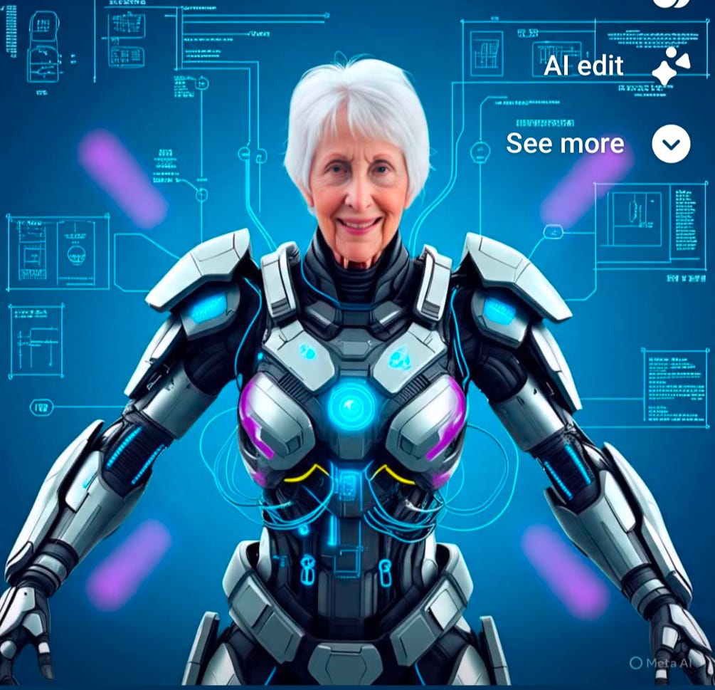 A smiling silver-haired woman stands in futuristic robotic armor glowing with blue and purple lights against a high-tech digital background, blending wisdom, aging, and artificial intelligence.