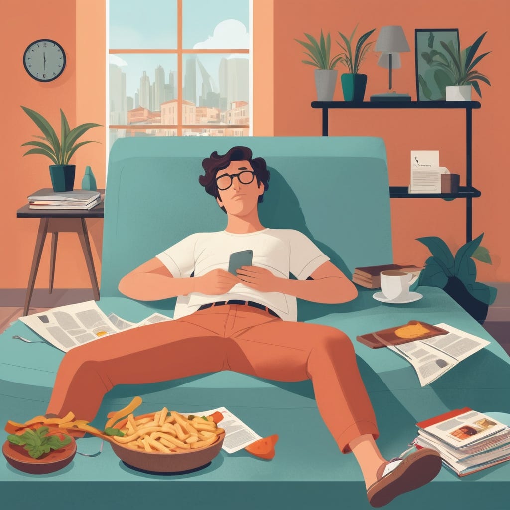 Give me a picture for a newsletter titled: Turning Off the Hustle: How a Lazy Sunday Sparked an Italian Epiphany. It is about how your unconscious mind works while you rest. Make the epiphany obvious