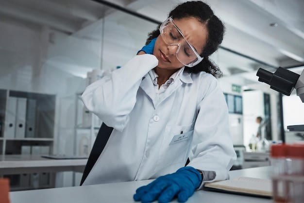 Premium Photo | Stress woman or scientist with neck pain in a laboratory  suffering from burnout body ache or overworked Exhausted injury or tired  doctor working on science research with fatigue or