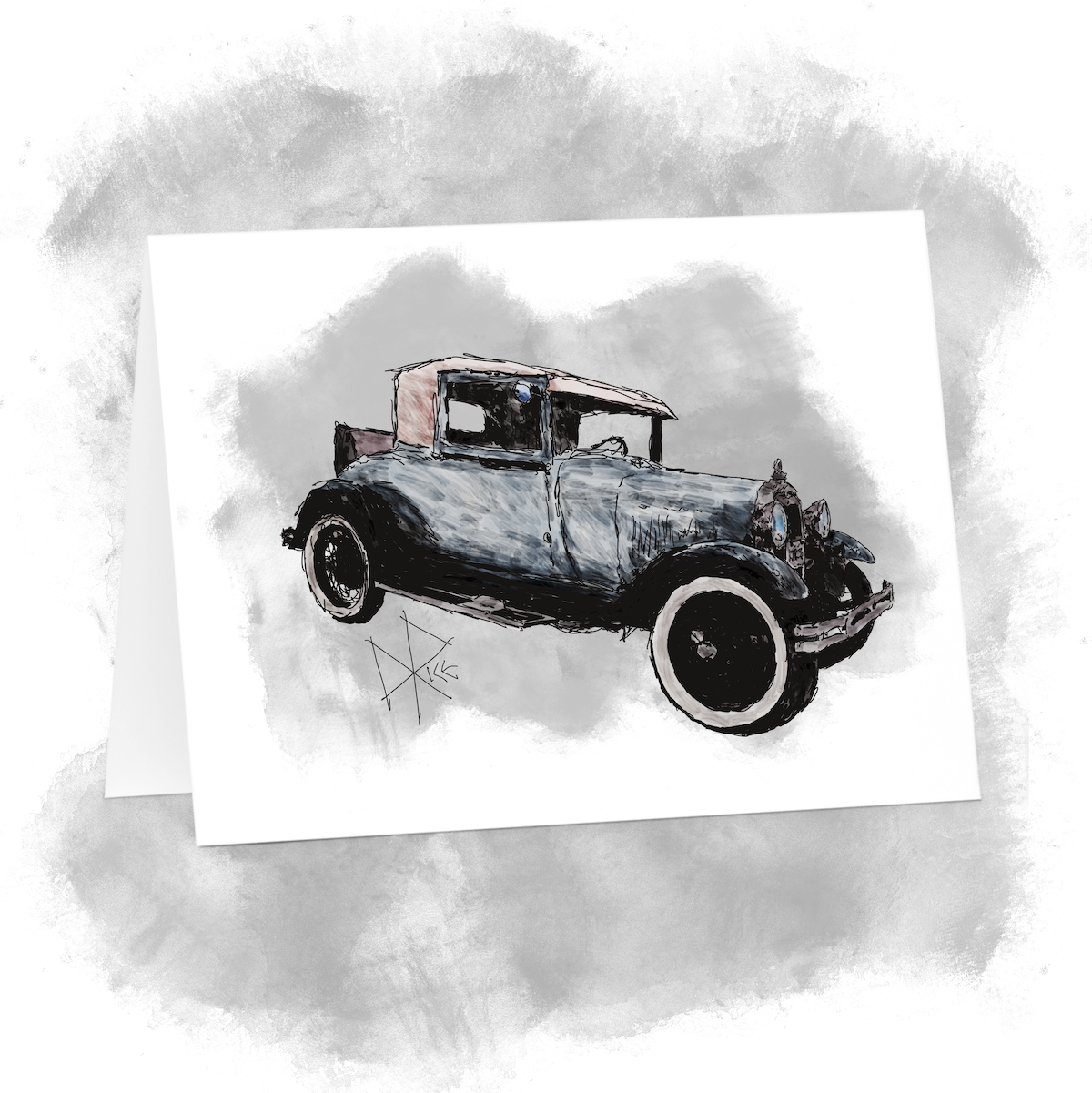 1928 Ford Model A sport coupe, with its rumble seat open. Sketch art by Don Rice. 1928 Ford Model A sport coupe, with its rumble seat open. Sketch art by Don Rice.