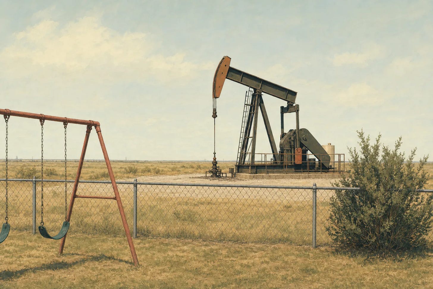 Suburban back yard with a chain link fence and a swing set, with a working oil pumpjack and gravel pad immediately on the other side of the fence Suburban back yard with a chain link fence and a swing set, with a working oil pumpjack and gravel pad immediately on the other side of the fence