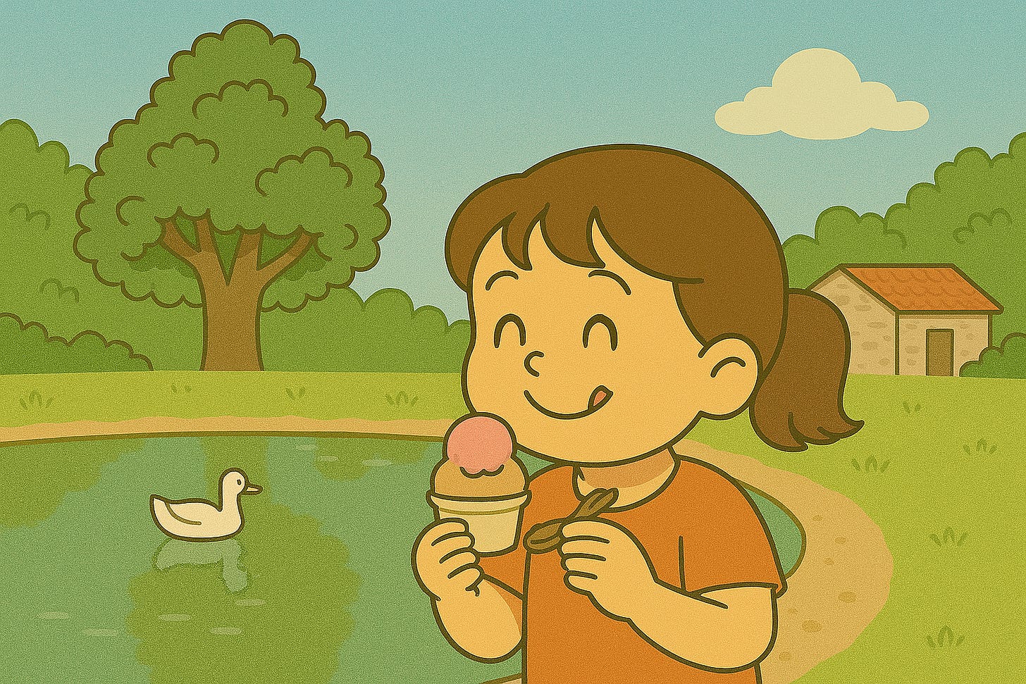La bambina mangia il gelato al gusto nocciola e fragola vicino al lago che brilla.