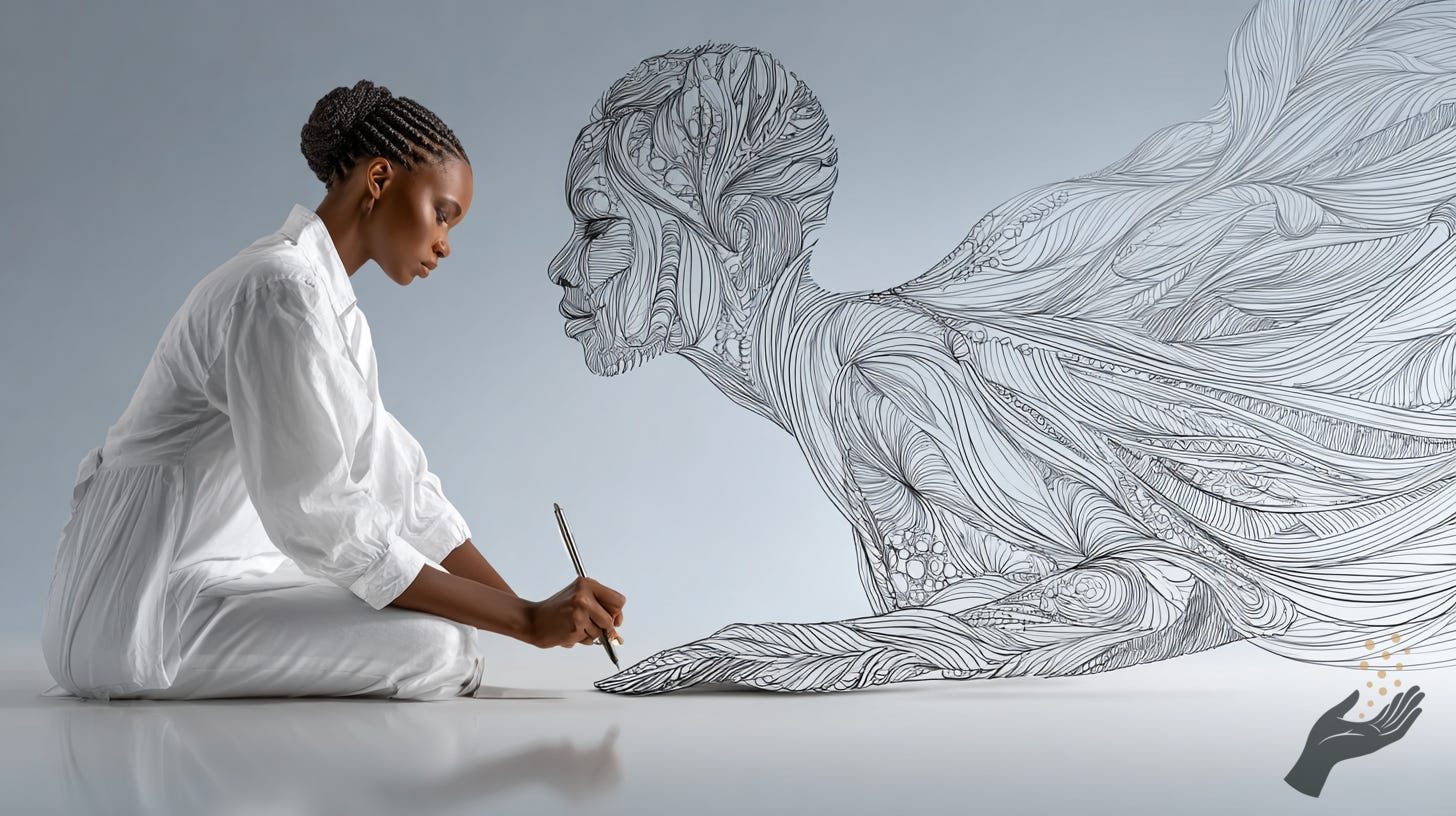 A woman in white sits on the floor drawing with a pen as a large detailed line-art figure emerges from her drawing, facing her in a minimalist light gray space.