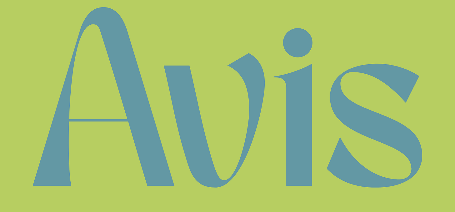 Avis, written in blue on a green background